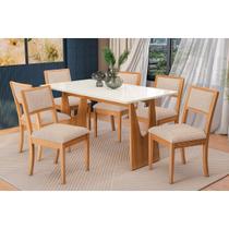 Conjunto Mesa Mila Premium Madeira Maciça c/ Tampo Madeirado c/ Vidro 160x90cm e 6 Cadeiras Alice Carvalho/Off White - Linho Bege Argila Kappesberg