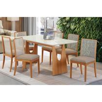Conjunto Mesa Mila Premium Madeira Maciça c/ Tampo Madeirado c/ Vidro 180x90cm e 6 Cadeiras Lara Carvalho/Off White - Boucle Bege Fendi Kappesberg Conjunto Mesa Mila Premium Madeira Maciça c/ Tampo Madeirado c/ Vidro 180x90cm e 6 Cadeiras Lara Carvalho/Off White - Boucle Bege Fendi Kappesberg