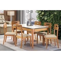 Conjunto Mesa Mira Premium Madeira Maciça c/ Tampo Madeirado c/ Vidro 160x90cm e 6 Cadeiras Lila Carvalho/Off White - Linho Bege Argila Kappesberg