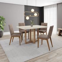 Conjunto Mesa Natalí 120cm Canto Arredondado com Vidro 4 Cadeiras Elena Cinza/Nature/Off White/Cacao