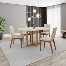 Conjunto Mesa Natalí 120cm Canto Arredondado com Vidro 4 Cadeiras Elena Off White/Nature/Creme