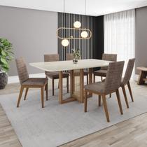 Conjunto Mesa Natalí 160cm com Vidro 06 Cadeiras Elena Marrom/Nature/Off White/Cacao