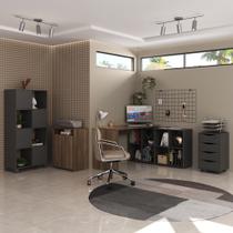 Conjunto Mesa Nero, Gaveteiro Bit, Balcão Cool e Armário Wally cor Ipê/Preto