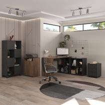Conjunto Mesa Nero, Gaveteiro New, Balcão Cool e Armário Wally cor Ipê com Preto Conjunto Mesa Nero, Gaveteiro New, Balcão Cool e Armário Wally cor Ipê com Preto