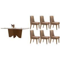 Conjunto Mesa Nevada c/ Tampo Madeirado c/ Vidro Canto Curvo 180x90cm e 6 Cadeiras Dafne Madeira Maciça Naturale/Off White - Capuccino/Linho Capuccino