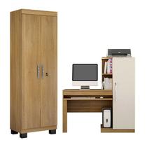 Conjunto Mesa para Computador Escrivaninha com Armário e Armário Multiuso 2 Portas com Chave Asteca