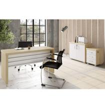 Conjunto Mesa para Escritorio Tamburato 1400, Balcão 2 Portas e Gaveteiro Cor Carvalho com Branco