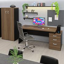 Conjunto Mesa Pedestal e Armário Alto Escritório Nogal Preto Marrom