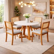 Conjunto Mesa Pérola Redonda 100cm com 4 Cadeiras Veludo Rubi Madeira com Tampo Off White e Vidro