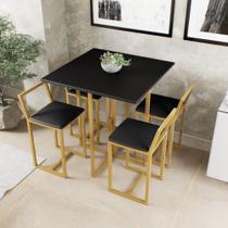 Conjunto Mesa Preta 4 Cadeiras Pequena Estofado Industrial Dourado