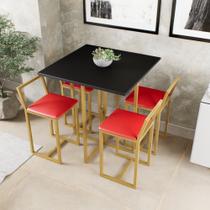 Conjunto Mesa Preta 4 Cadeiras Pequena Estofado Industrial Dourado