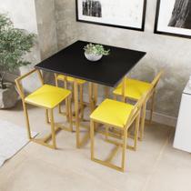 Conjunto Mesa Preta 4 Cadeiras Pequena Estofado Industrial Dourado