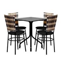 Conjunto Mesa Quadrada 70cm Preta 4 Cadeiras Junco Cappuccino Premium
