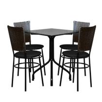 Conjunto Mesa Quadrada 70cm Preta Com 4 Cadeiras Junco Café