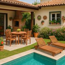 Conjunto Mesa Redonda 4 Cadeiras Empilháveis e 2 Espreguiçadeiras Madeira Maciça Madeira Conjunto Mesa Redonda 4 Cadeiras Empilháveis e 2 Espreguiçadeiras Madeira Maciça Madeira