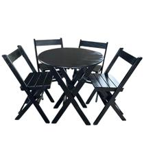 Conjunto Mesa Redonda 90 cm Dobrável com 4 Cadeiras em Madeira Maciça - Preto - i9 Móveis
