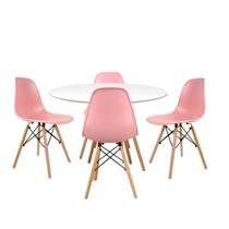 Conjunto Mesa Redonda 90cm Tampo em Mdf 4 Cadeiras Pp Base Madeira Eames Dsw-m Branco/Rosa
