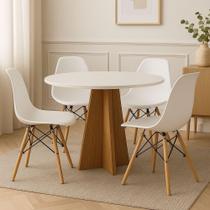 Conjunto Mesa Redonda Branca 90cm + 4 Cadeiras Eames Pés Madeira Sala Jantar Cozinha Moderna