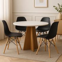 Conjunto Mesa Redonda Branca 90cm + 4 Cadeiras Eames Pretas Pés Madeira Sala Jantar Cozinha Moderna Pronta Entrega