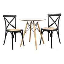 Conjunto Mesa Redonda Chanfrada Branca Eames 70cm com 2 Cadeiras Paris Rattan Pretas - La Mobilia Conjunto Mesa Redonda Chanfrada Branca Eames 70cm com 2 Cadeiras Paris Rattan Pretas - La Mobilia