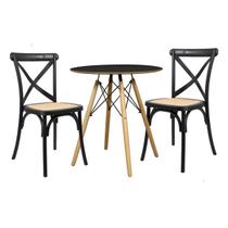 Conjunto Mesa Redonda Chanfrada Preta Eames 70cm com 2 Cadeiras Paris Rattan Pretas - La Mobilia Conjunto Mesa Redonda Chanfrada Preta Eames 70cm com 2 Cadeiras Paris Rattan Pretas - La Mobilia