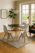 Conjunto Mesa Redonda Jantar 90cm MDF Eiffel Eames Preta e 04 Cadeiras Eiffel Elegante Branco