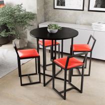 Conjunto Mesa Redonda Preta 4 Cadeiras Pequena Estofado Industrial Black