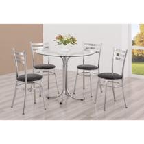 Conjunto Mesa Redonda Tampo de Vidro e 4 Cadeiras Assento Estofado Cromado/Preto Conjunto Mesa Redonda Tampo de Vidro e 4 Cadeiras Assento Estofado Cromado/Preto