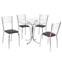 Conjunto Mesa Redonda Tampo de Vidro e 4 Cadeiras Assento material sintético Renata 176 Cozinha Marrom