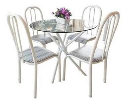 Conjunto Mesa Redonda Vidro 04 Cadeiras Branca Aço Conjunto Mesa Redonda Vidro 04 Cadeiras Branca Aço