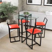Conjunto Mesa Redonda Vidro 4 Cadeiras Pequena Estofado Industrial Black