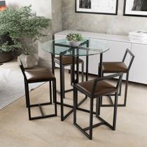 Conjunto Mesa Redonda Vidro 4 Cadeiras Pequena Estofado Industrial Black Conjunto Mesa Redonda Vidro 4 Cadeiras Pequena Estofado Industrial Black