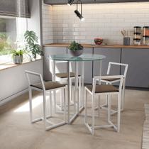 Conjunto Mesa Redonda Vidro 4 Cadeiras Pequena Estofado Industrial White Conjunto Mesa Redonda Vidro 4 Cadeiras Pequena Estofado Industrial White