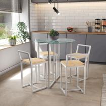 Conjunto Mesa Redonda Vidro 4 Cadeiras Pequena Pinus Industrial White Conjunto Mesa Redonda Vidro 4 Cadeiras Pequena Pinus Industrial White