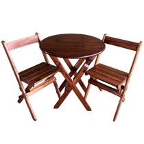 Conjunto Mesa Redondo 90cm Dobrável com 2 Cadeiras em Madeira Maciça - Imbuia - i9 Móveis