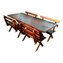 Conjunto Mesa Rústica 2m e 4 Bancos Madeira Maciça Eucalipto Tabaco