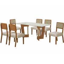 Conjunto Mesa Sala de Jantar Valdemoveis Liz tampo retangular com vidro temperado e 6 cadeiras assento estofado Cinamomo OFF White