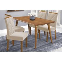 Conjunto: Mesa Sala Jantar Adele Tampo Madeirado 130x80cm e 4 Cadeiras Fernanda Carvalho/Cinamomo - Suede Nude Bege Cimol