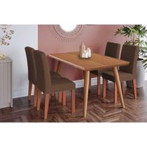 Conjunto: Mesa Sala Jantar Adele Tampo Madeirado 130x80cm e 4 Cadeiras Maia Carvalho/Cinamomo - Cinamomo/Suede Mascavo Chocolate Cimol