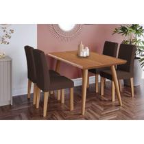 Conjunto: Mesa Sala Jantar Adele Tampo Madeirado 130x80cm e 4 Cadeiras Maia Carvalho/Cinamomo - Nature/Suede Mascavo Chocolate Cimol