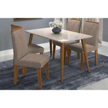Conjunto: Mesa Sala Jantar Adele Tampo Madeirado c/Vidro 130cm Canto Reto + 4 Cadeiras Nicole Madeira/OW/Pluma - Cimol