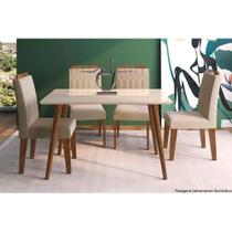 Conjunto: Mesa Sala Jantar Adele Tampo Madeirado c/Vidro 130cm Canto Reto + 4 Cadeiras Paola Madeira/OW/Nude - Cimol