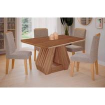 Conjunto: Mesa Sala Jantar Ágata Tampo Madeirado 130x80cm e 4 Cadeiras Clarice Cinamomo/Off White - Carvalho/Suede Nude Bege Cimol
