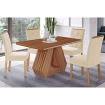 Conjunto: Mesa Sala Jantar Ágata Tampo Madeirado 130x80cm e 4 Cadeiras Fernanda Cinamomo - Carvalho/Linho Bege Cimol