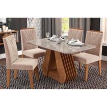 Conjunto: Mesa Sala Jantar Ágata Tampo Madeirado c/ Vidro 130X80 cm e 4 Cadeiras Nicole Madeirado/ Linho Bege - Cimol Conjunto: Mesa Sala Jantar Ágata Tampo Madeirado c/ Vidro 130X80 cm e 4 Cadeiras Nicole Madeirado/ Linho Bege - Cimol