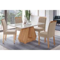 Conjunto: Mesa Sala Jantar Ágata Tampo Madeirado c/ Vidro 130x80cm e 4 Cadeiras Juliana Madeirado/ Linho Bege - Cimol Conjunto: Mesa Sala Jantar Ágata Tampo Madeirado c/ Vidro 130x80cm e 4 Cadeiras Juliana Madeirado/ Linho Bege - Cimol