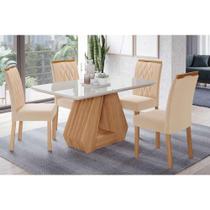 Conjunto: Mesa Sala Jantar Ágata Tampo Madeirado c/ Vidro 130x80cm e 4 Cadeiras Juliana Madeirado/Suede Nude Bege - Cimol