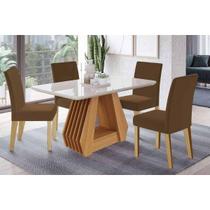 Conjunto: Mesa Sala Jantar Ágata Tampo Madeirado c/ Vidro 130x80cm e 4 Cadeiras Maia Cinamomo/Off White - Suede Mascavo Chocolate Cimol