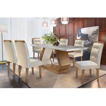 Conjunto: Mesa Sala Jantar Alvorada c/ Tampo Madeirado c/ Vidro Canto Reto 180cm + 6 Cadeiras Imperatriz Imbuia/Creme - Rufato
