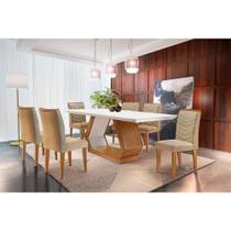 Conjunto: Mesa Sala Jantar Alvorada c/ Tampo Madeirado Canto Reto 180x90cm e 6 Cadeiras Londrina Imbuia/Off White - Linho Turim - Rufato Conjunto: Mesa Sala Jantar Alvorada c/ Tampo Madeirado Canto Reto 180x90cm e 6 Cadeiras Londrina Imbuia/Off White - Linho Turim - Rufato